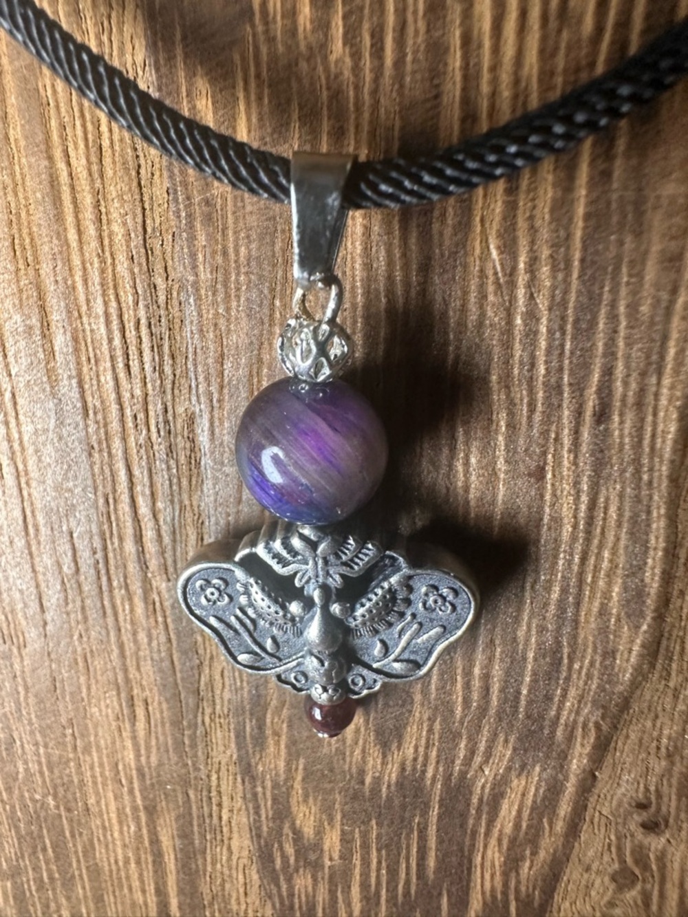 Silver Moth Charm Pendant Necklace with Garnet and Mystic Tiger’s Eye on Rope - Picture 5 of 12